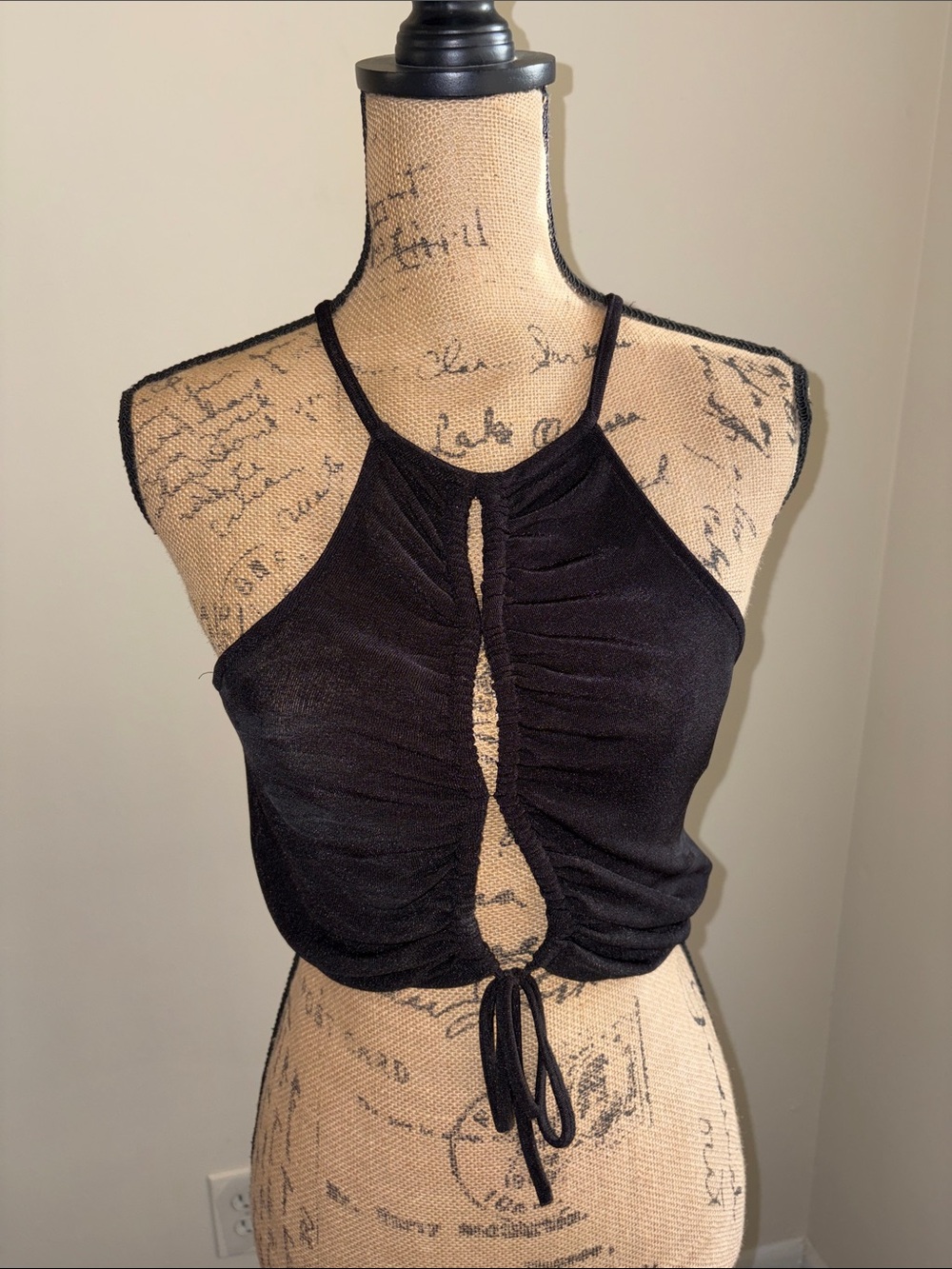 Forever 21 Black Ruched Halter Crop Top with Front Tie